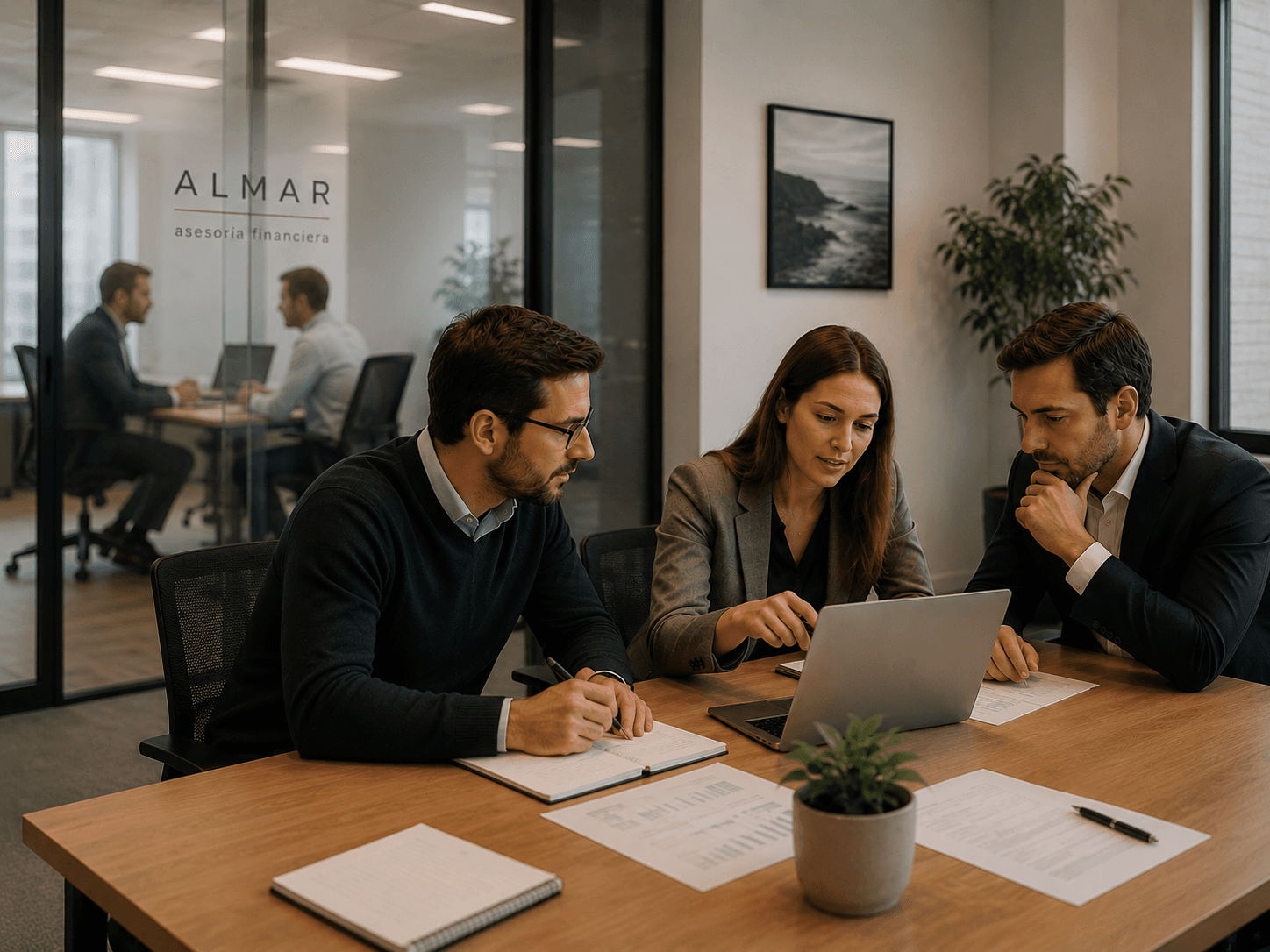 Profesionales de Almar Advisory trabajando en oficina